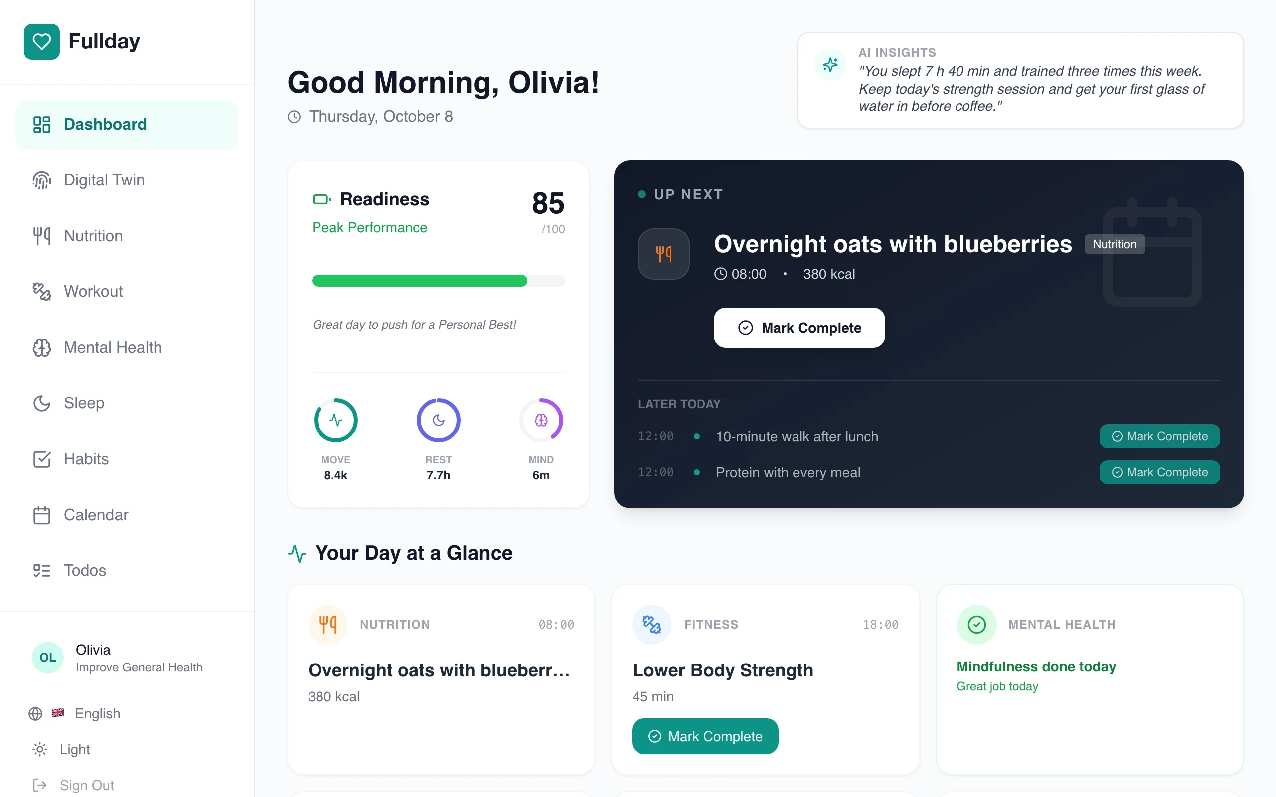 The Fullday dashboard on a morning: a readiness score of 85, the next meal under Up next, and one card each for nutrition, fitness and mental health.