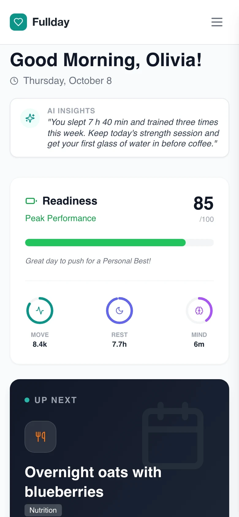 The same dashboard on a phone: today's insight, the readiness score and what is up next.