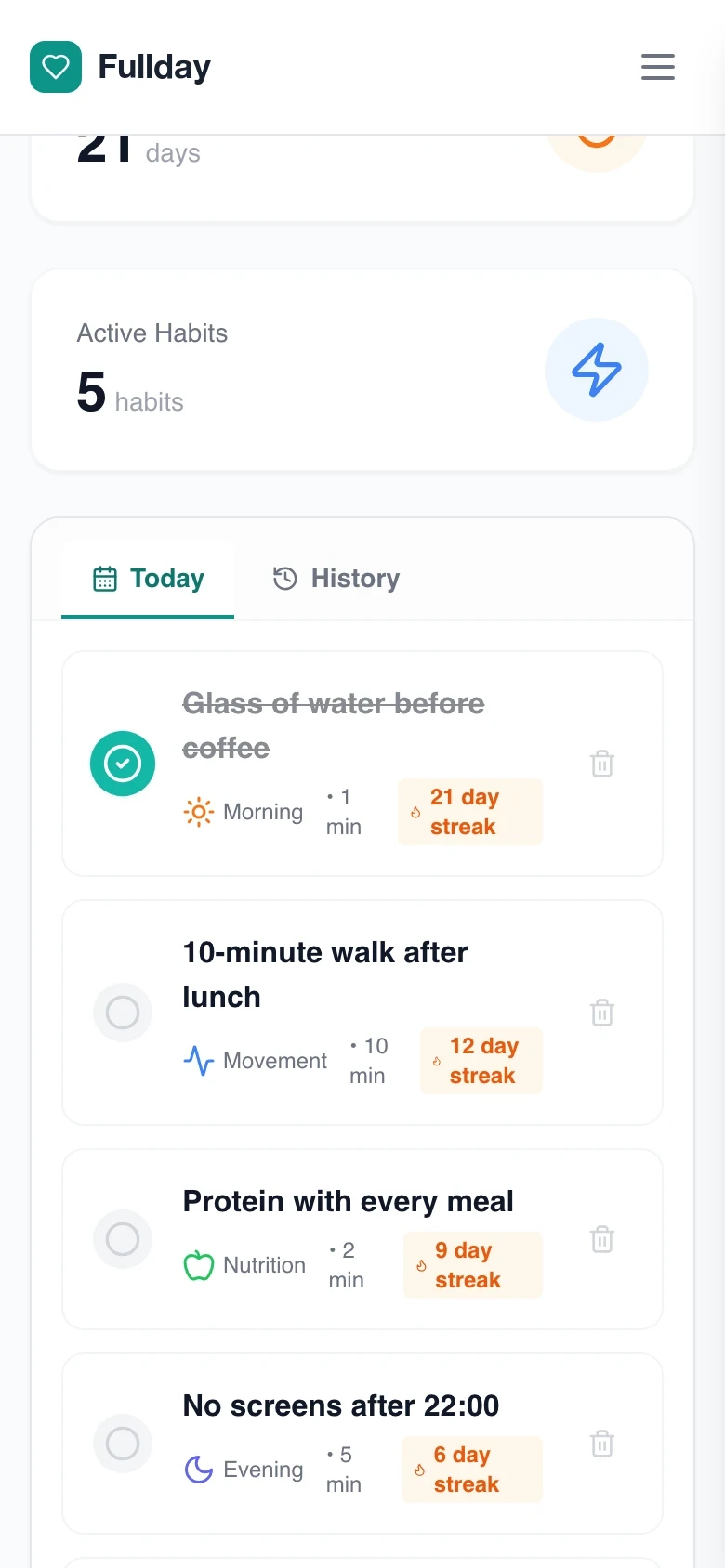 The Habits screen on a phone: today's habits with their streaks, the longest at 21 days.