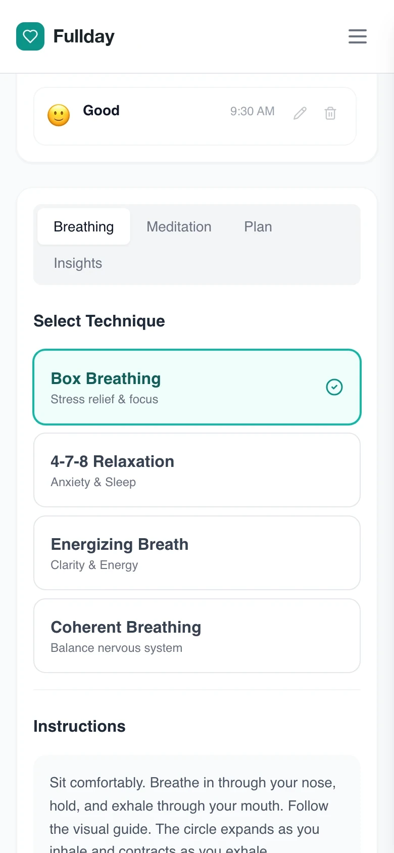The Mental Health screen on a phone: a mood entry and four guided breathing techniques.