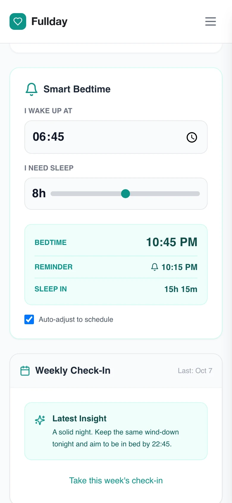 The Sleep screen on a phone: wake-up time, hours needed, tonight's bedtime and reminder.